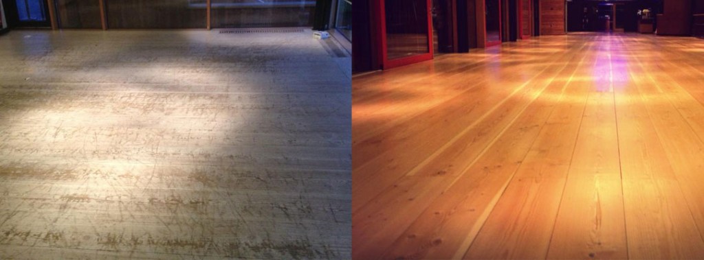 A before and after of a commercial floor sanding renovation project at the Royal Botanic Garden in Edinburgh